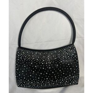 Vintage 90s Y2K Rhinestone Satin Black Hand Shoulder Bag Purse Evening